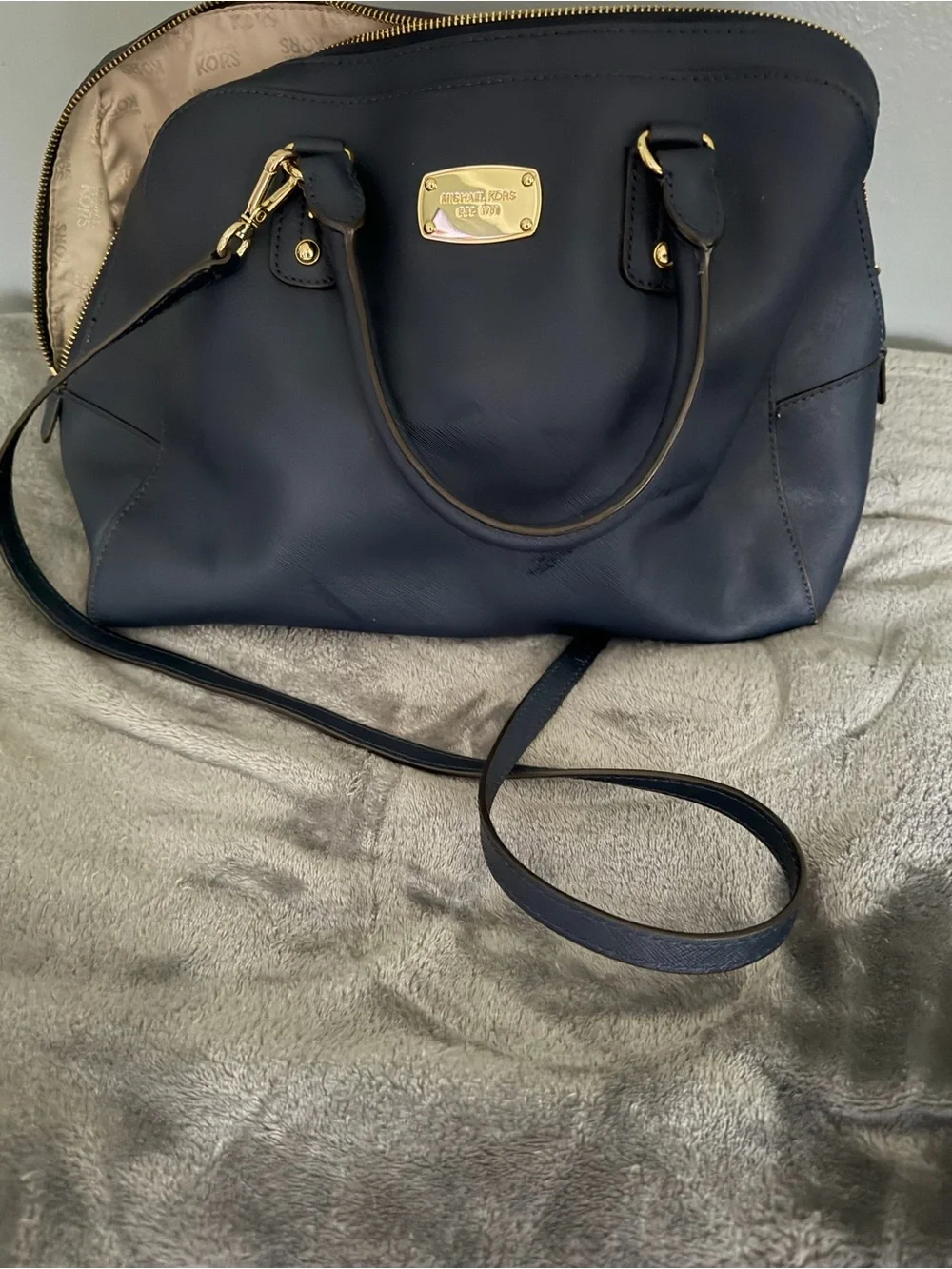 Michael Kors Navy Leather Satchel with Gold Plate